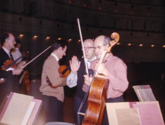  JP pic of Mtislav Rostropovich and conductor Gennadi Rozdestvensky on Carnegie Hall stage 1967 (Neville Marriner 2nd L). Rostropovich played 25 cello concertos (all  from memory) in 7 unforgettable concerts in New York with the London Symphony Orchestra 