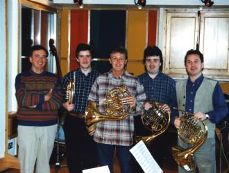 (L to R) JP, Richard Bissill with Paul McCartney trying JP's horn,Richard Watkins,Michael Thompson -- recording Paul's "Stately Horn" quartet at his Hog Hill Mill studio near Hastings.