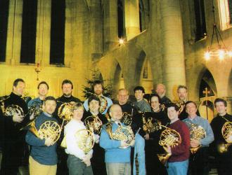 " London Horn Sound" sessions  1999.  Just about everybody who was anybody on the London horn-scene was involved in this unique extravaganza organised by ex-LSO 1st horn Hugh Seenan (3rd right) behind JP (2nd right).