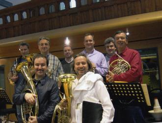 Bond "Die Another Day"  Sept 2002  Air Studios Hampstead. (front L) composer David Arnold and conductor Nick Dodd holding horn-section Wagner tubas. Horns (l to r) Paul Gardham, Hugh Seenan, Michael Thompson, Nigel Black, Richard Watkins, JP.
