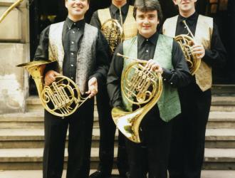 Michael Thompson Horn Quartet 1997. (L to R) Michael Thompson, JP, Richard Watkins, Richard Bissill dressed for Paul McCartney concert at the Royal Albert Hall to perform Paul's "Stately Horn" quartet (also later at New York's Carnegie Hall). 